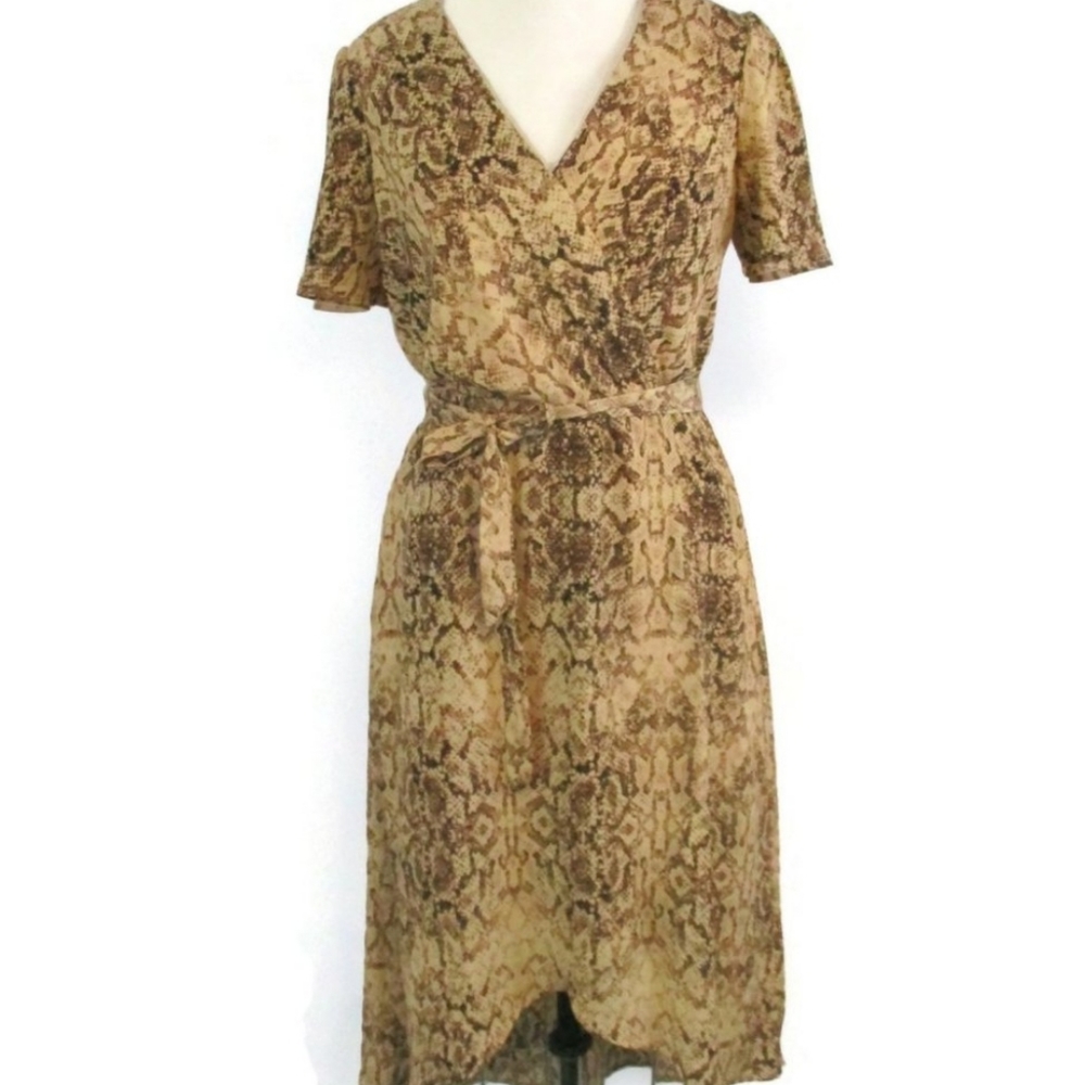June & Hudson Snake Print V-neck Tie Waist Faux Wrap Dress